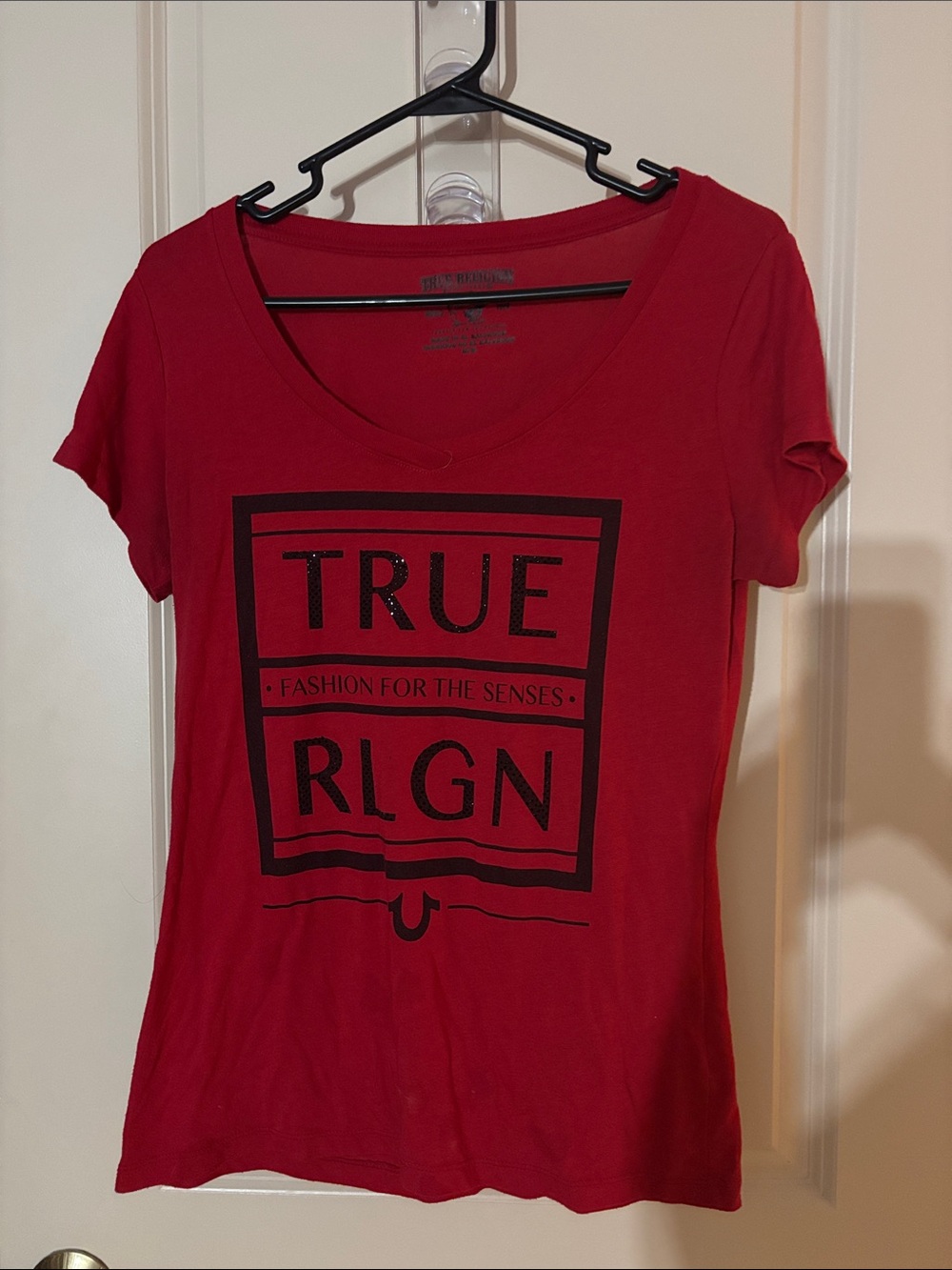 True Religion Red V-Neck Graphic Logo Tee